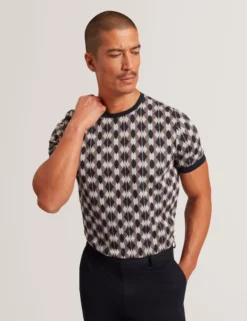 Argyle-Streifen-Jacquard-Strick-T-Shirt