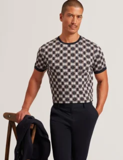 Argyle-Streifen-Jacquard-Strick-T-Shirt