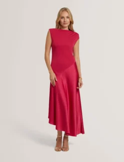 Asymmetrisches Midikleid aus Satin mit Einsätzen