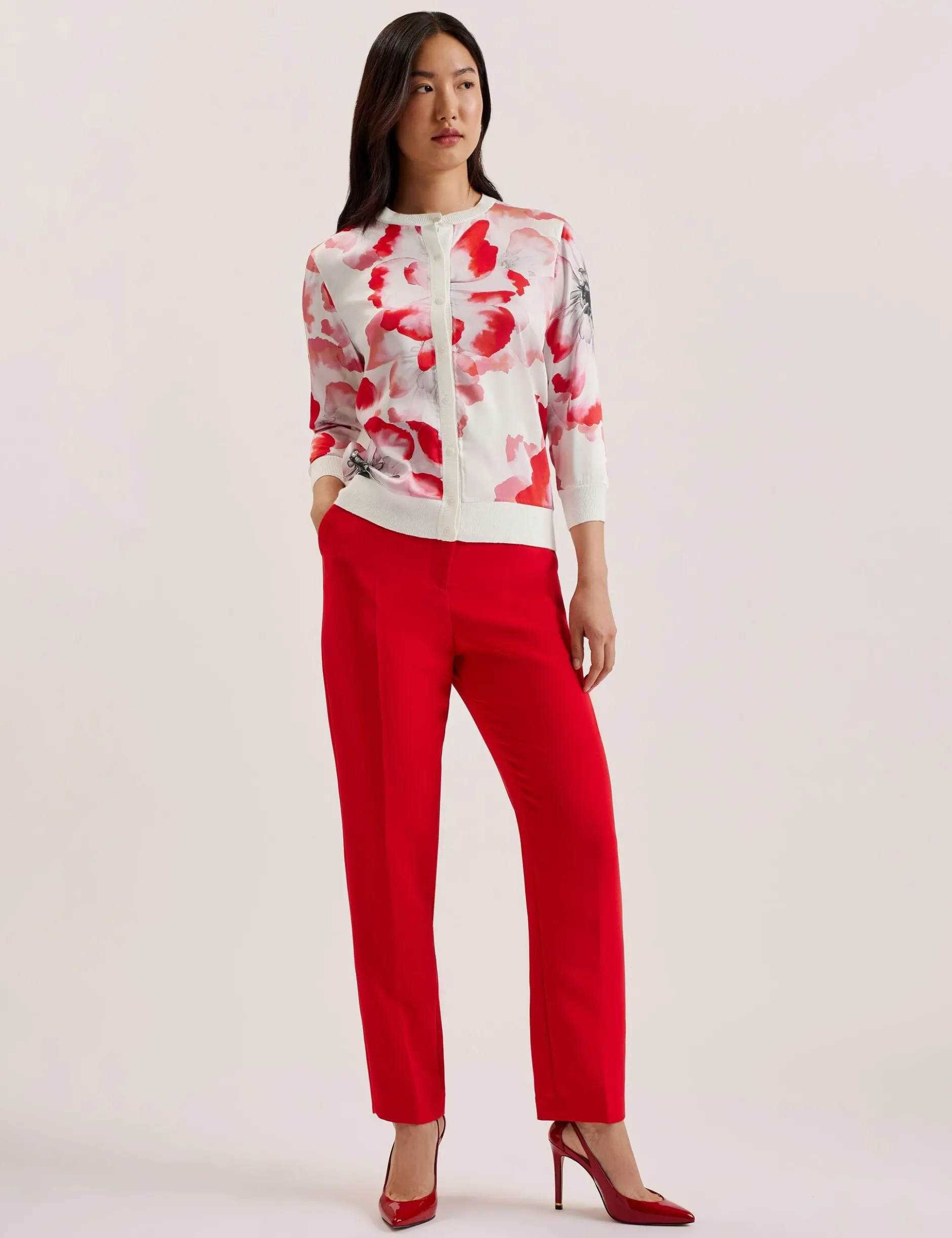 Bedruckter Leinen-Mix Cardigan mit 3/4-Arm