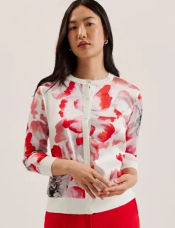 Bedruckter Leinen-Mix Cardigan mit 3/4-Arm
