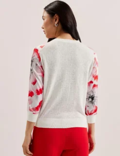 Bedruckter Leinen-Mix Cardigan mit 3/4-Arm