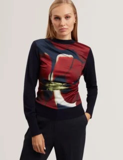 Bedrucktes Feinstrickoberteil mit Satin-Vorderseite