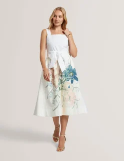 Bedrucktes Rockkleid aus Leinen und Baumwolle, Midi-Länge, Sommerkleid