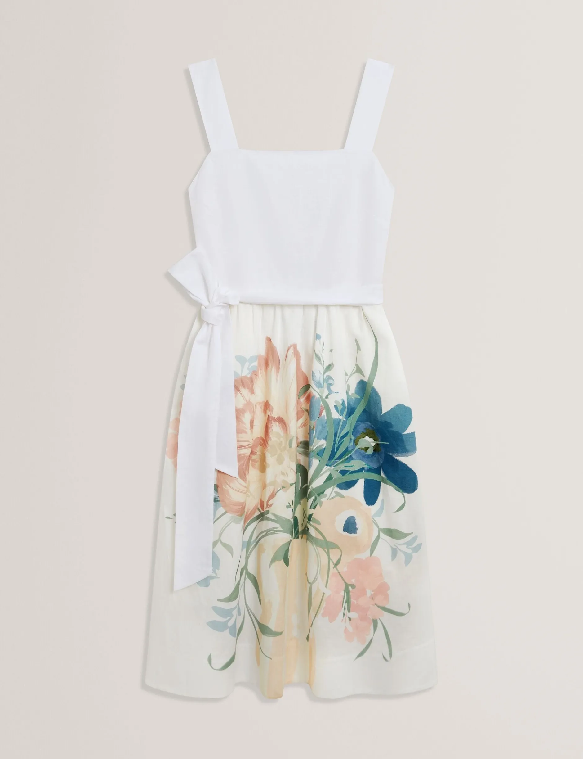 Bedrucktes Rockkleid aus Leinen und Baumwolle, Midi-Länge, Sommerkleid