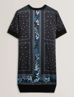Blaues, kastenförmiges Strickkleid mit Schalmuster