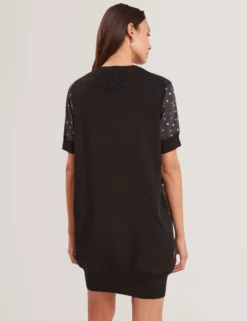 Blaues, kastenförmiges Strickkleid mit Schalmuster
