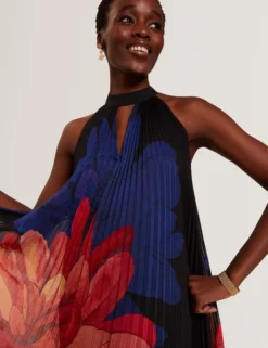 Bold Bloom Plissee-Midikleid mit Neckholder