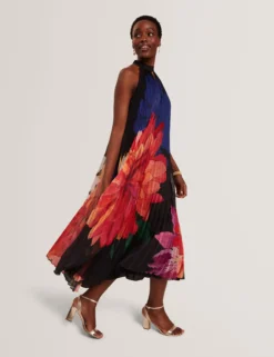 Bold Bloom Plissee-Midikleid mit Neckholder