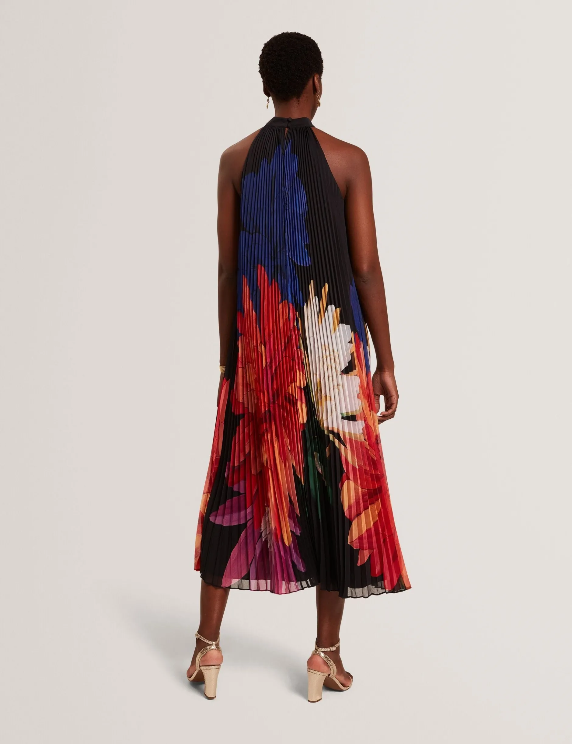 Bold Bloom Plissee-Midikleid mit Neckholder