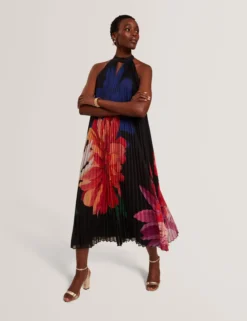 Bold Bloom Plissee-Midikleid mit Neckholder