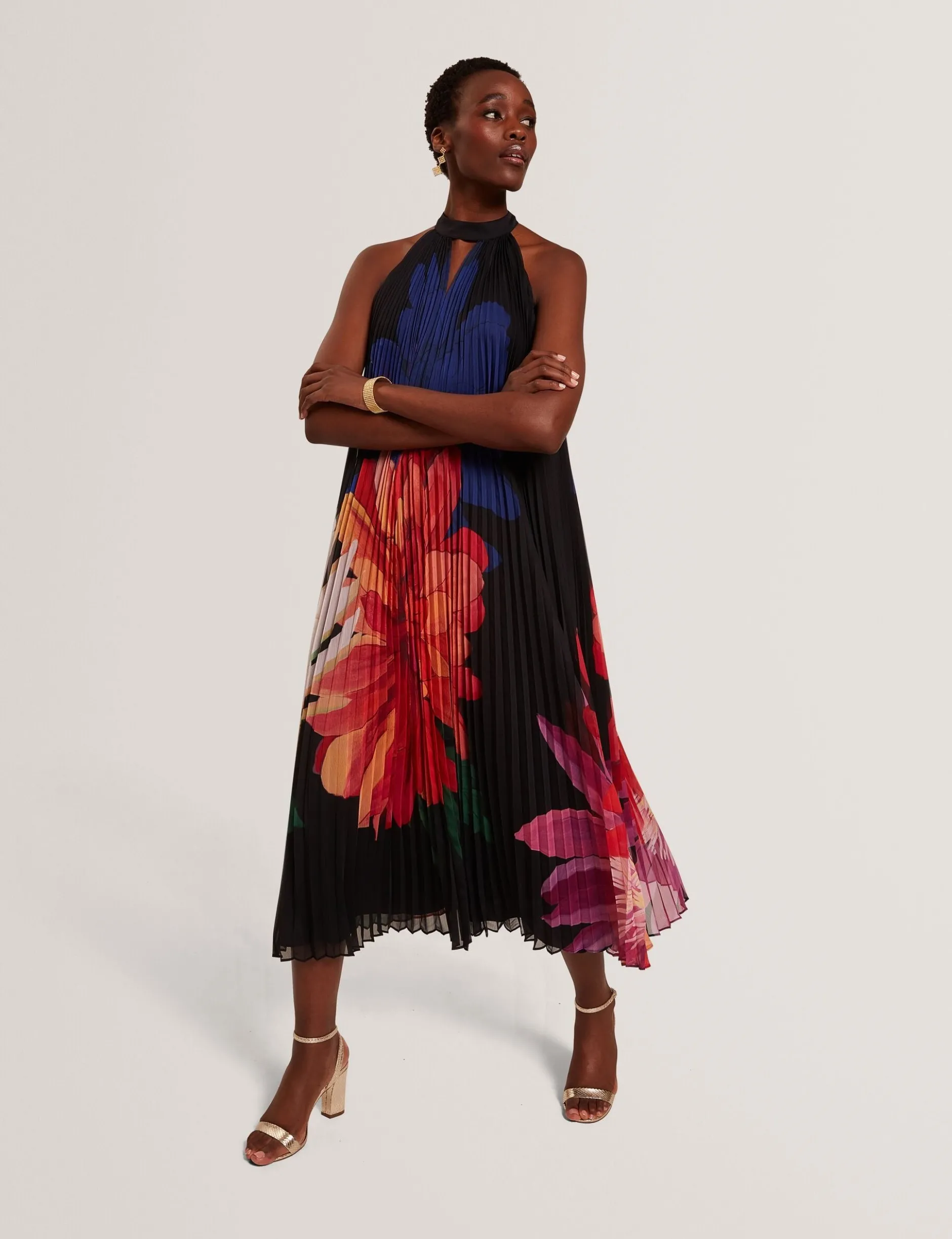 Bold Bloom Plissee-Midikleid mit Neckholder