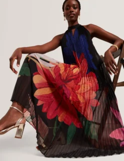 Bold Bloom Plissee-Midikleid mit Neckholder
