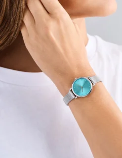 Crystal Dial Blue & Silver Mesh Watch