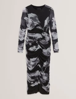 Dunkelblümtes, geblümtes, gerafftes, figurbetontes Midikleid aus Mesh