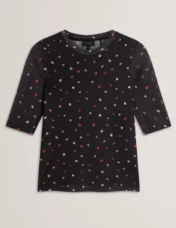 Enganliegendes Mesh-Top mit verstreutem Blumenmuster