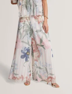 Geblümte, plissierte Chiffonhose mit weitem Bein