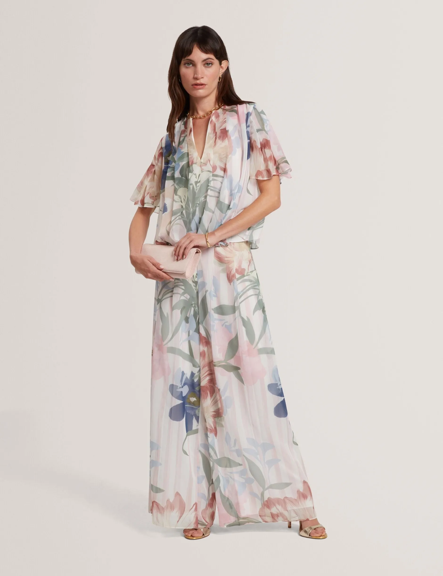 Geblümte, plissierte Chiffonhose mit weitem Bein