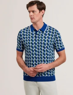 Geometrisches Strick-Poloshirt mit kurzen Ärmeln