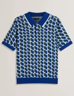 Geometrisches Strick-Poloshirt mit kurzen Ärmeln