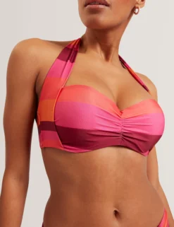 Gestreiftes, gepolstertes Neckholder-Bikini-Oberteil