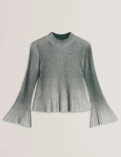 Gestreiftes Rippstrick-Langarmshirt mit ausgestellten Ärmeln