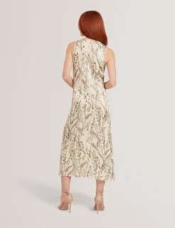 Jacquard-Midi-Kleid mit Blättermuster und geraffter Taille