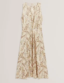 Jacquard-Midi-Kleid mit Blättermuster und geraffter Taille