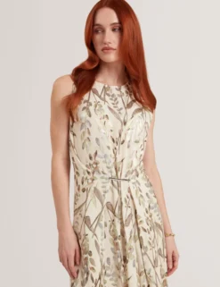 Jacquard-Midi-Kleid mit Blättermuster und geraffter Taille