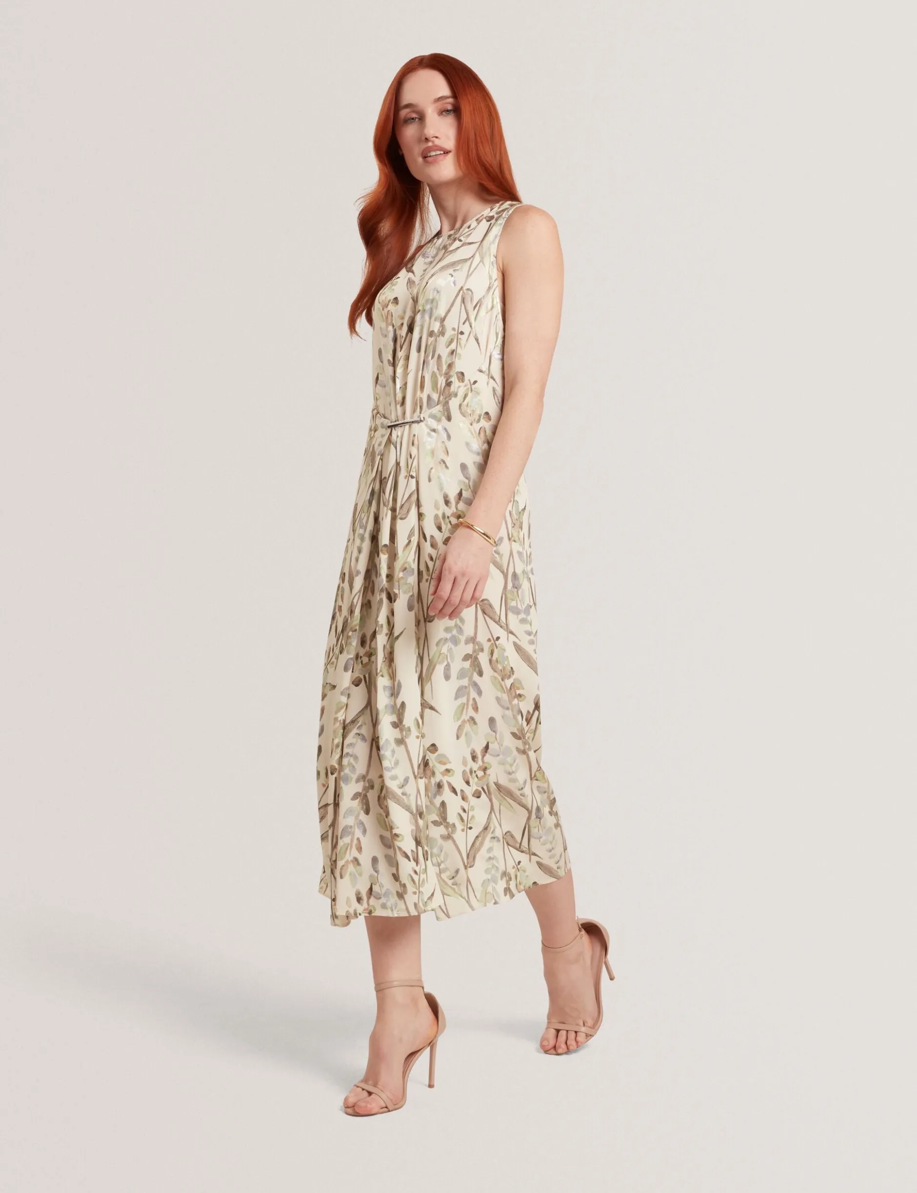 Jacquard-Midi-Kleid mit Blättermuster und geraffter Taille
