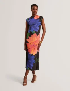 Jersey-Midikleid mit Dahlienmuster und drapiertem Kragen