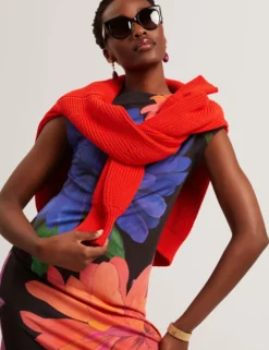 Jersey-Midikleid mit Dahlienmuster und drapiertem Kragen