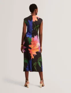 Jersey-Midikleid mit Dahlienmuster und drapiertem Kragen