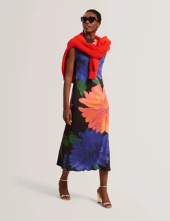 Jersey-Midikleid mit Dahlienmuster und drapiertem Kragen