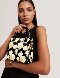 Kleine Leder-Shopper-Tasche mit Rosenprint