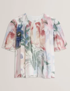 Kurzarm-Top mit Blumenmuster und Falten, Engelsmotiv