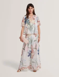 Kurzarm-Top mit Blumenmuster und Falten, Engelsmotiv