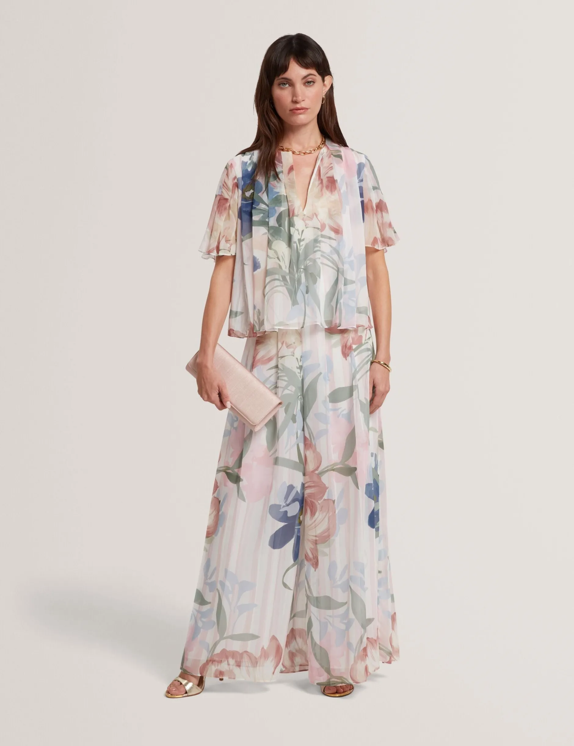 Kurzarm-Top mit Blumenmuster und Falten, Engelsmotiv
