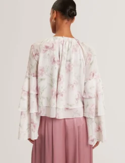 Langarmshirt mit Rosenmuster und Rüschen