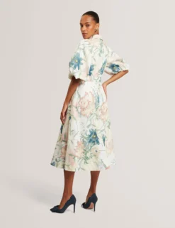 Leinen-Midi-Hemdblusenkleid mit Puffärmeln „Soft Blooms“