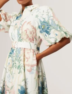 Leinen-Midi-Hemdblusenkleid mit Puffärmeln „Soft Blooms“