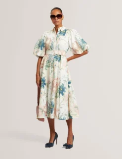 Leinen-Midi-Hemdblusenkleid mit Puffärmeln „Soft Blooms“