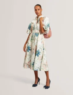 Leinen-Midi-Hemdblusenkleid mit Puffärmeln „Soft Blooms“
