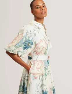 Leinen-Midi-Hemdblusenkleid mit Puffärmeln „Soft Blooms“