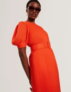 Leinen-Midikleid mit Puffärmeln und Gürtel