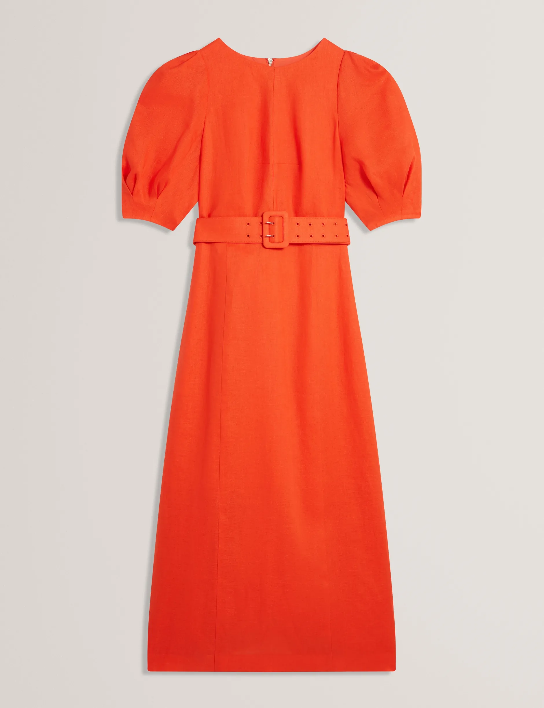 Leinen-Midikleid mit Puffärmeln und Gürtel