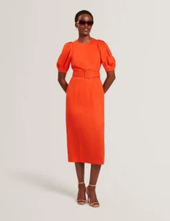 Leinen-Midikleid mit Puffärmeln und Gürtel