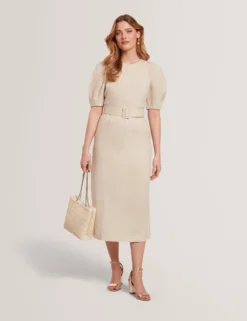 Leinen-Midikleid mit Puffärmeln und Gürtel