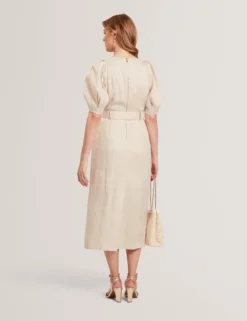 Leinen-Midikleid mit Puffärmeln und Gürtel