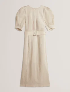 Leinen-Midikleid mit Puffärmeln und Gürtel